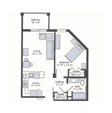Corner one bedroom apartment floor plan | Presbyterian Village Austell